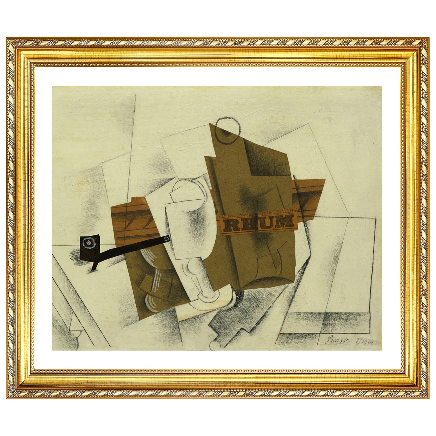 Pablo Picasso Wall Art Pipe,Glass,Bottle of Rum Poster Framed Art