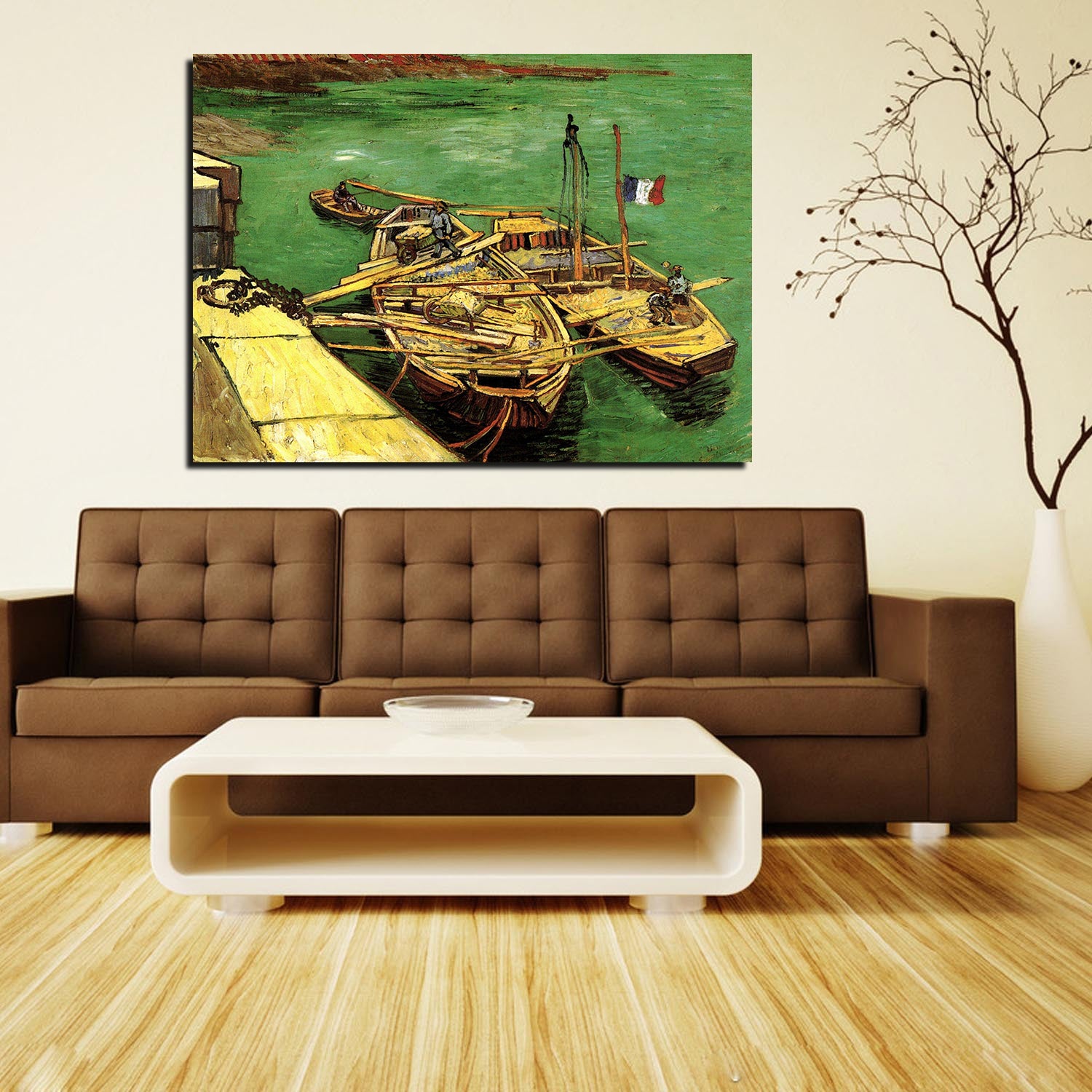 Quay with Men Unloading Sand Barges Canvas Art