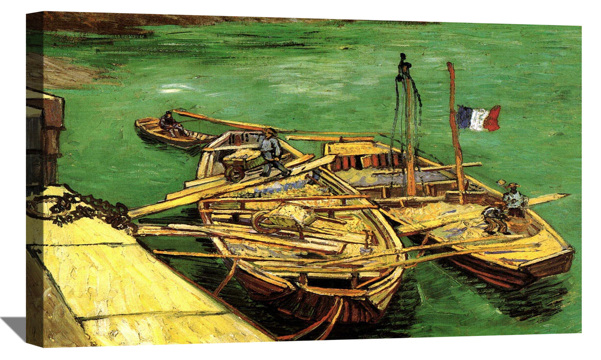 Quay with Men Unloading Sand Barges Canvas Art