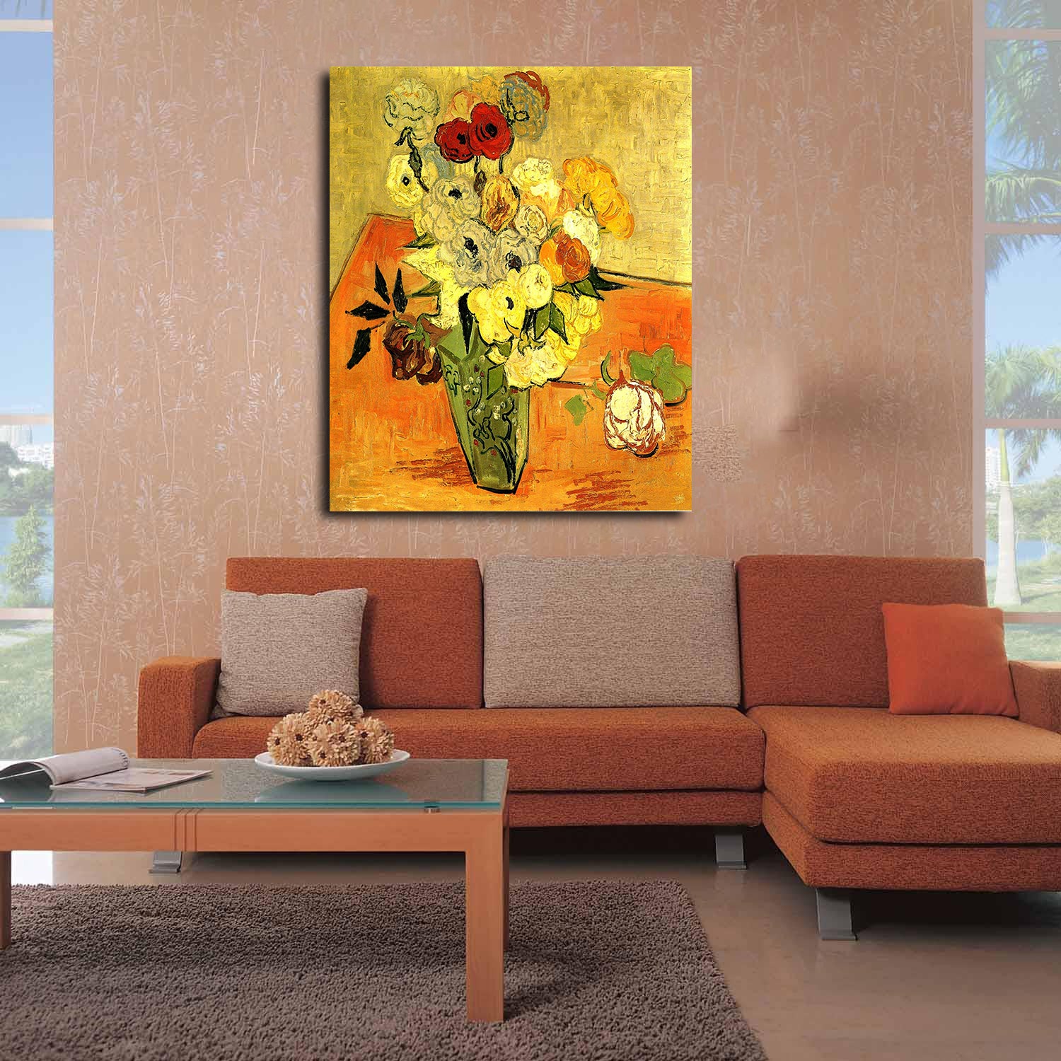 Still Life Japanese Vase With Roses And Anemones Canvas Art