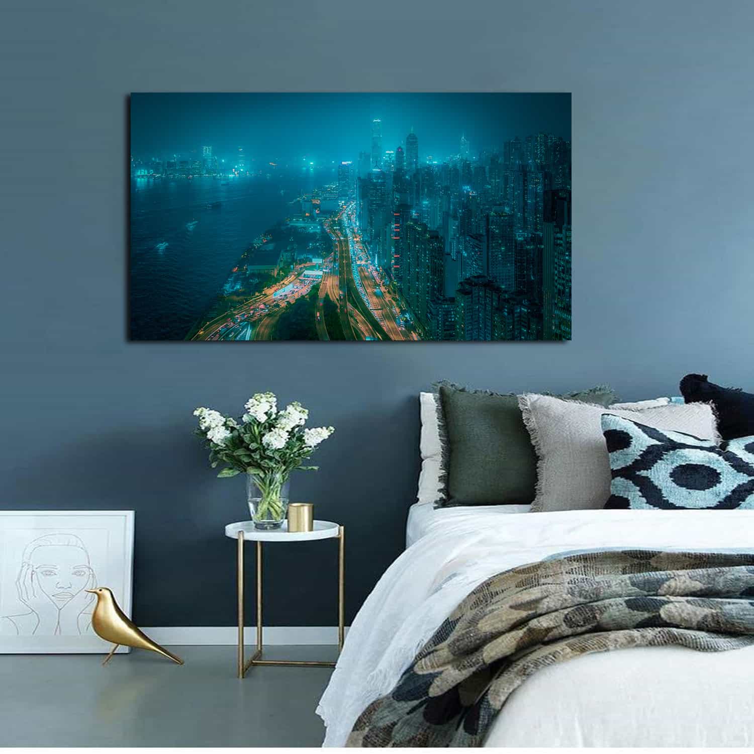 Aerial View Downtown Lights Canvas Art