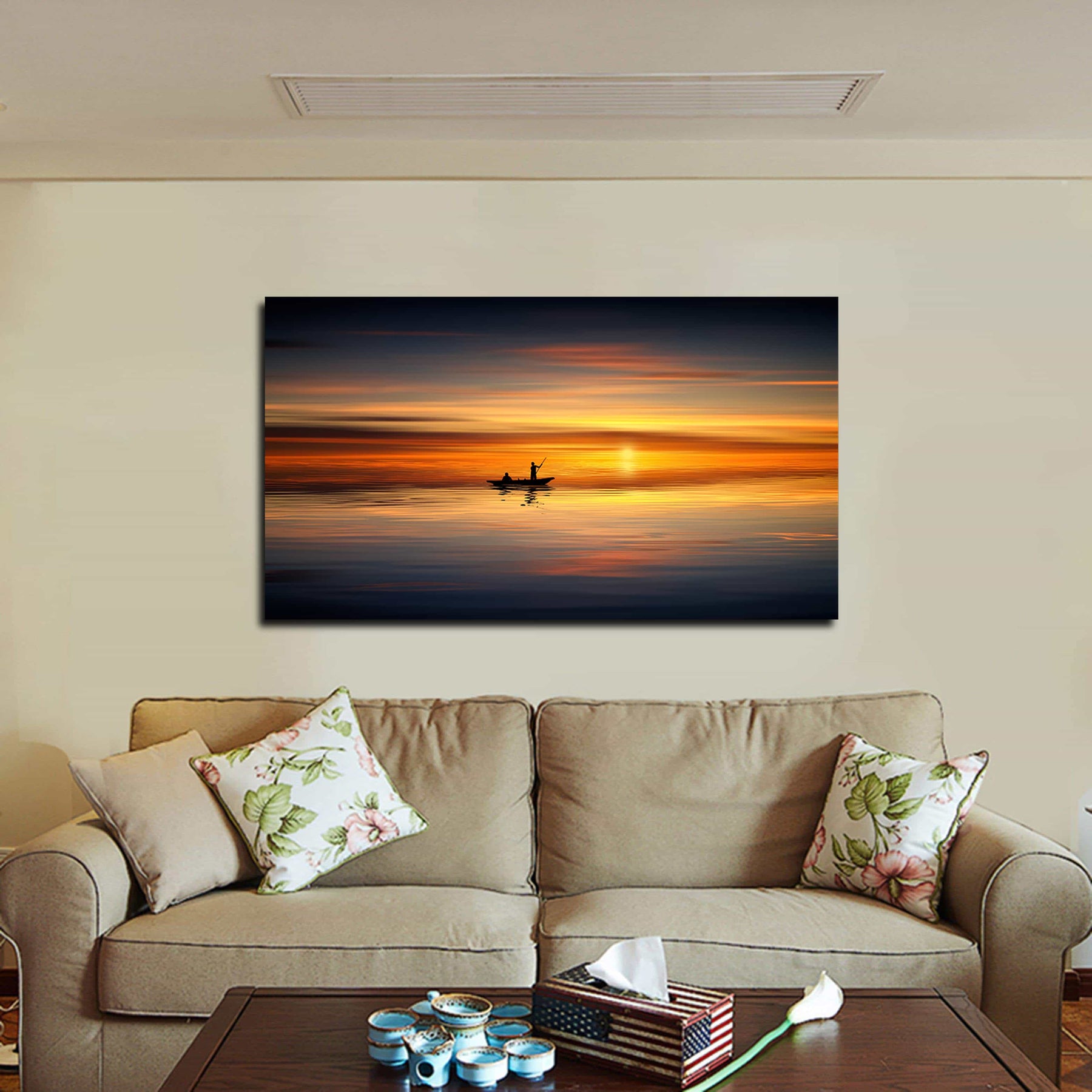 Boat Ocean Sunset Landscape Canvas Art