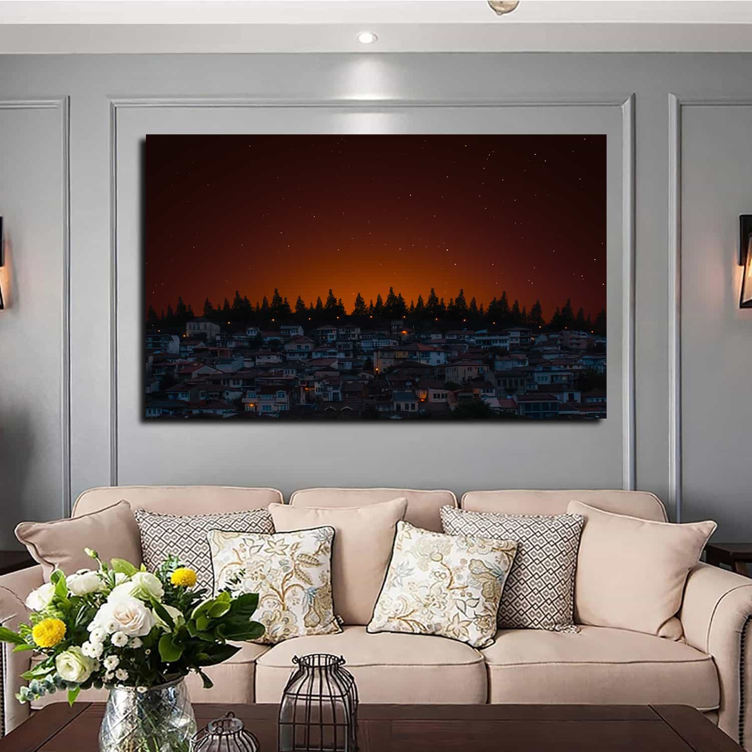 City Of Lights Houses Dark Evening Canvas Art