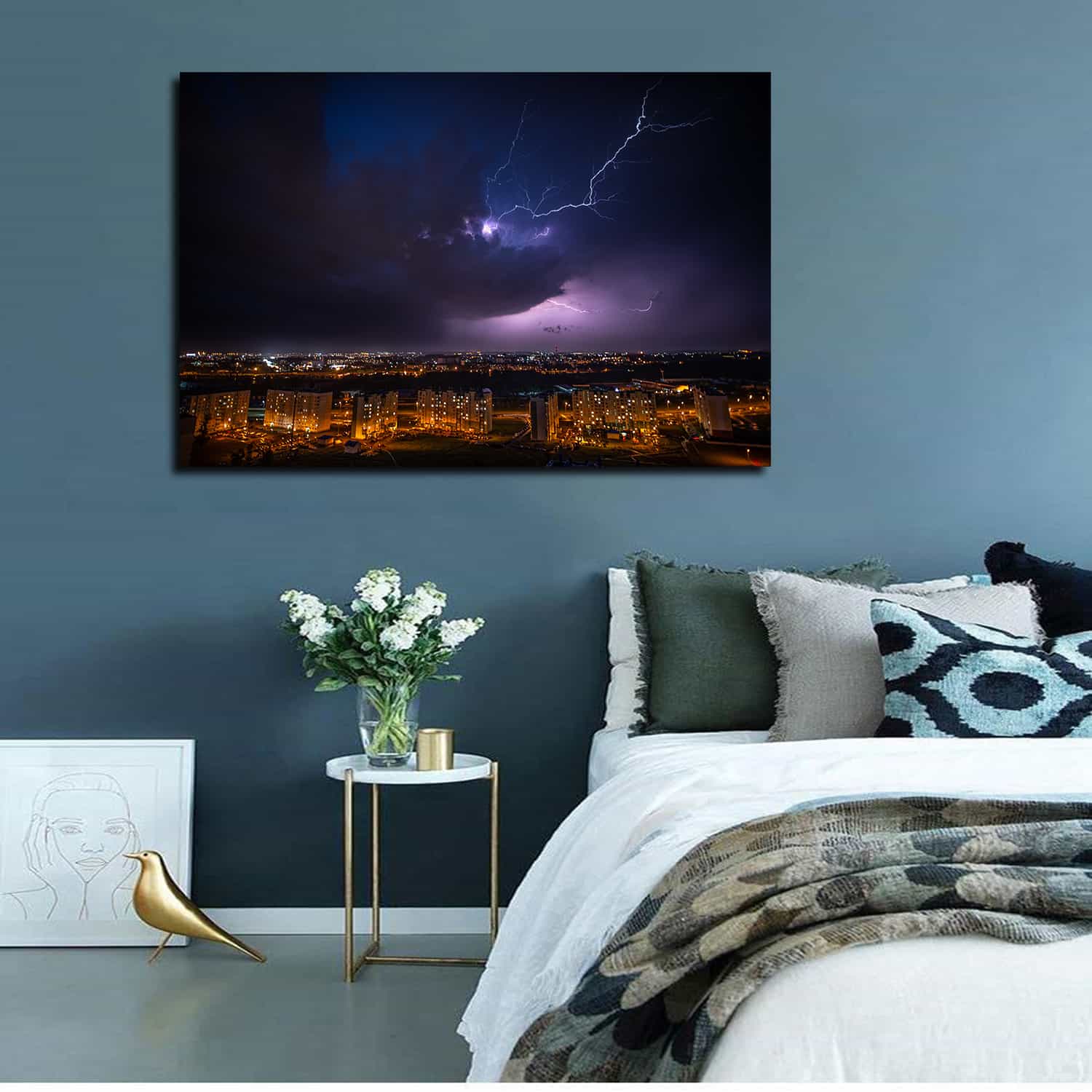 Cityscape Lightning Under Purple Sky Canvas Art