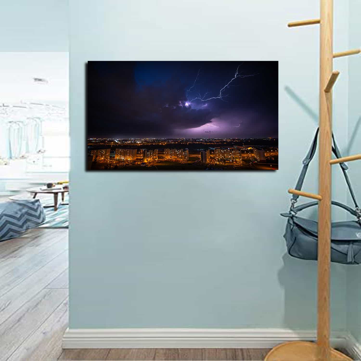 Cityscape Lightning Under Purple Sky Canvas Art