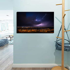 Cityscape Lightning Under Purple Sky Canvas Art