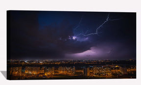 Cityscape Lightning Under Purple Sky Canvas Art