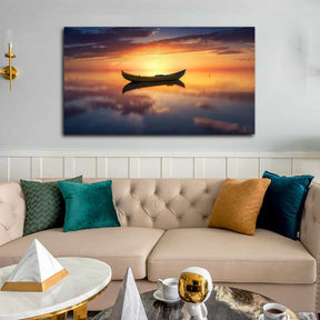 Lake Sunset Reflection Boat Canvas Art