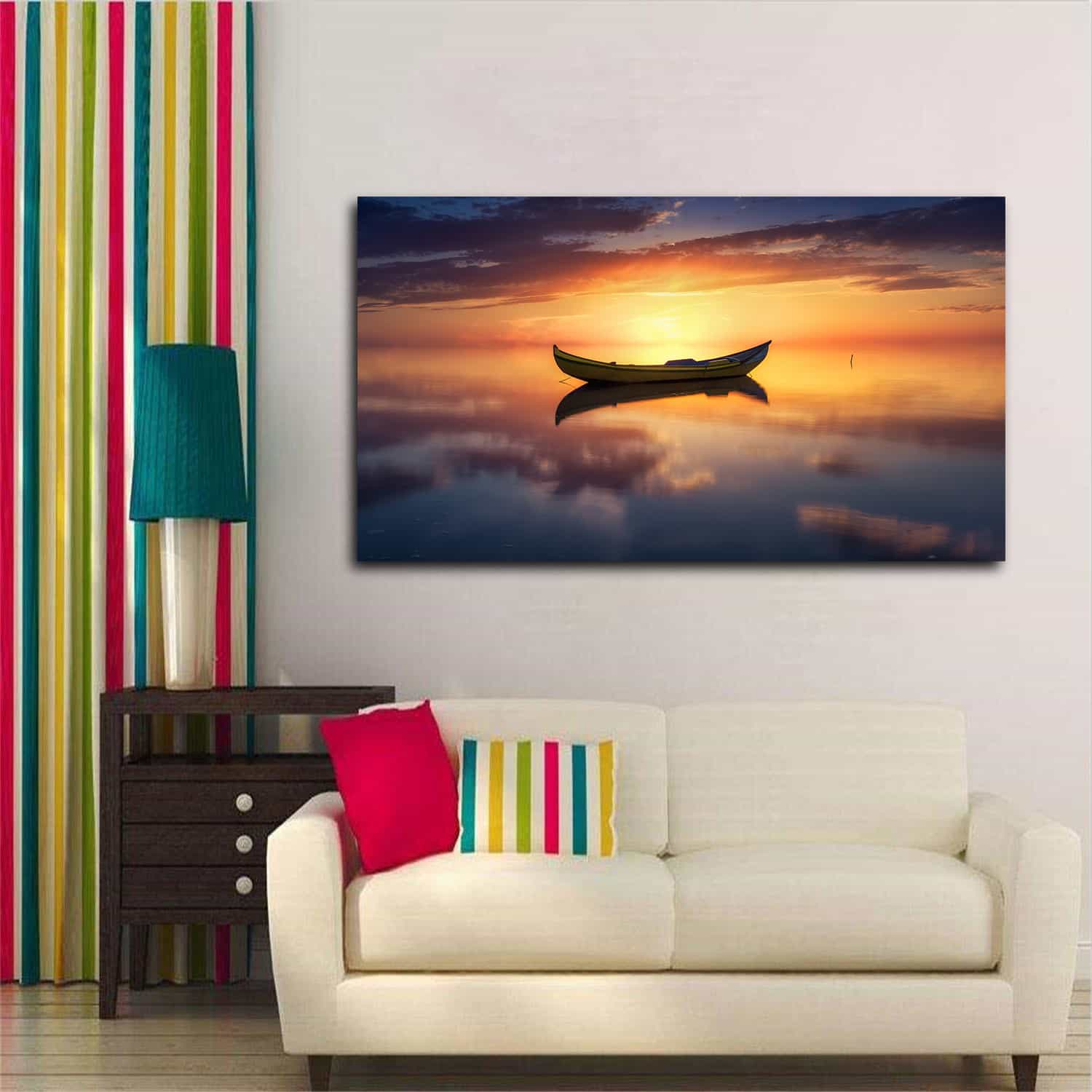 Lake Sunset Reflection Boat Canvas Art