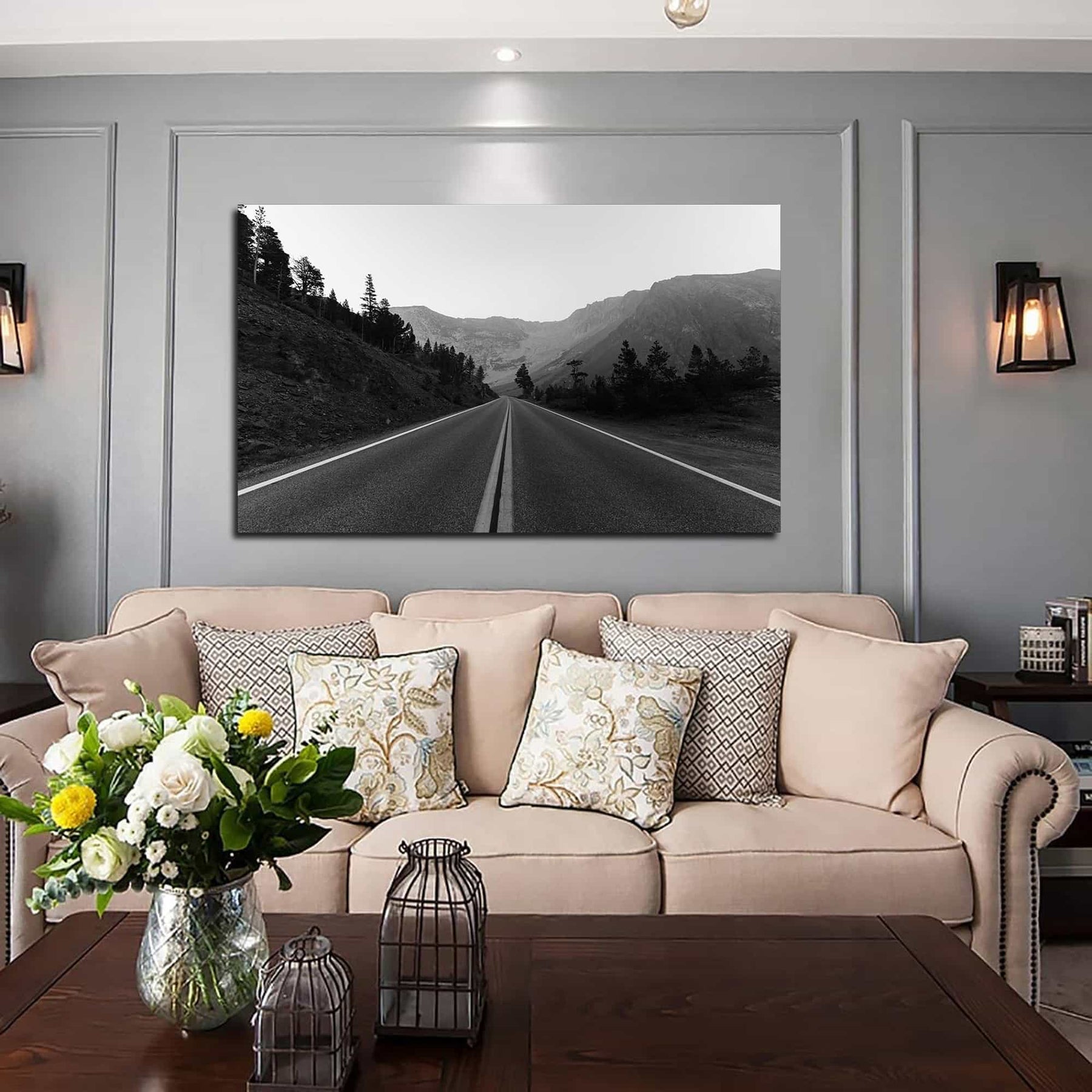Monochrome Road Trees Canvas Art